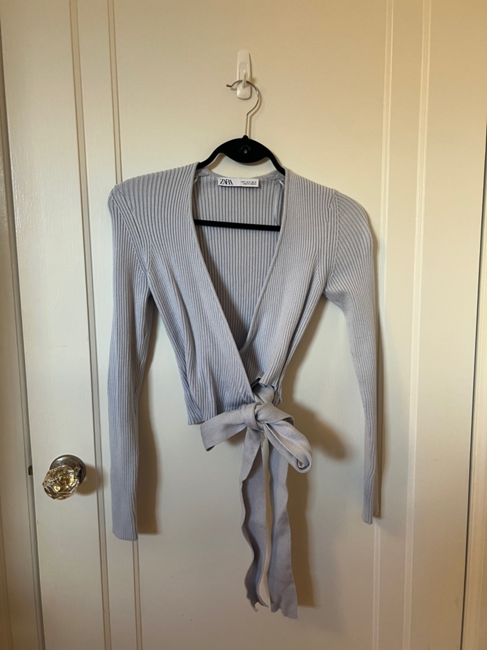 ZARA Pale Gray Ribbed Wrap V-Neck Sweater